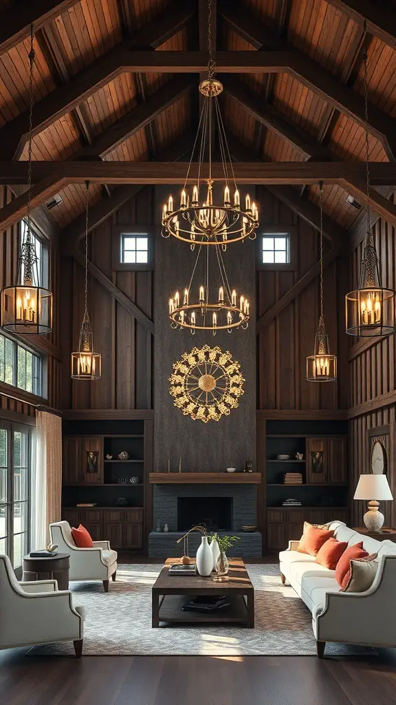 29+ Inspiring Barndominium Interior Ideas You’ll Love 14 Stylish lighting fixtures in a barndominium living room with high ceilings and wooden beams.