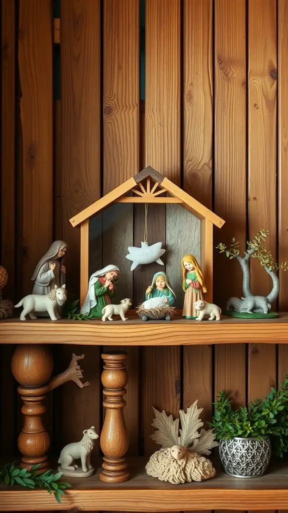 Colonial-inspired nativity scene with wooden stable and handcrafted figures