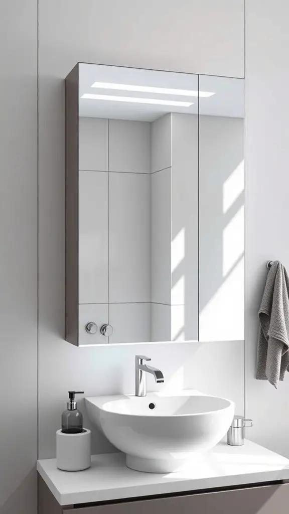 27+ Creative Bathroom Vanity Storage Ideas for an Organized Space 10 A modern bathroom with a sleek mirrored cabinet above a white sink.