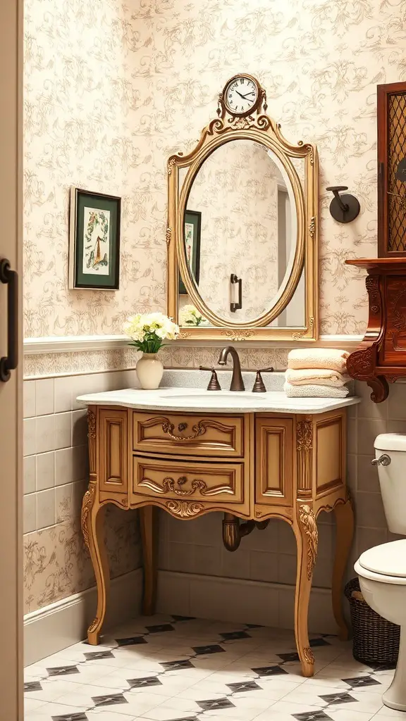 A vintage corner vanity with ornate details, a round mirror, and soft color palette in a bathroom setting.