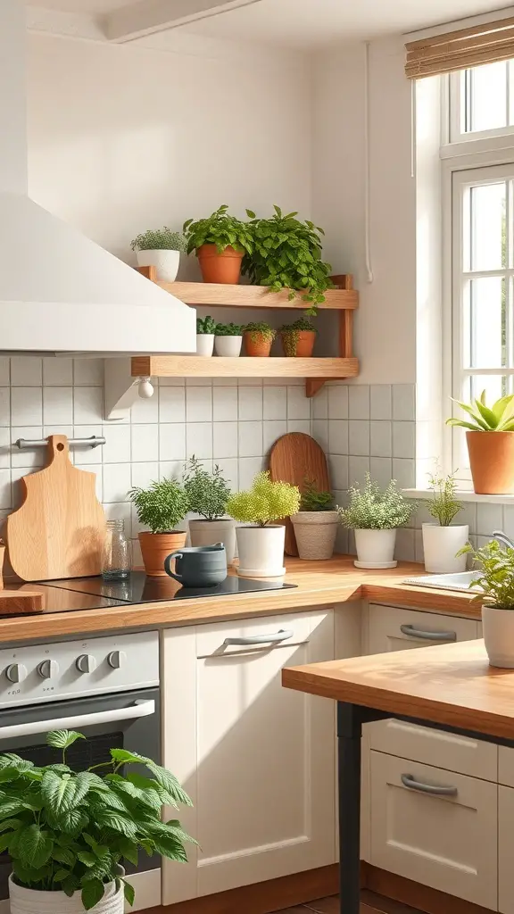 29+ Warm Neutral Kitchen Ideas to Transform Your Space 13 A warm neutral kitchen filled with various potted plants and herbs on shelves and countertops.