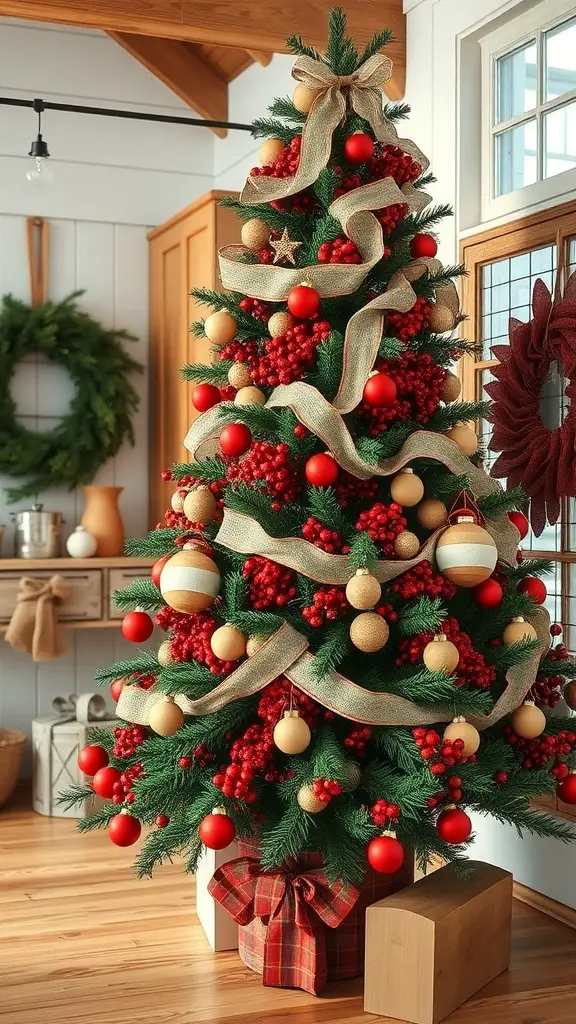 A beautifully decorated rustic red farmhouse style Christmas tree with red ornaments, burlap ribbons, and berries.