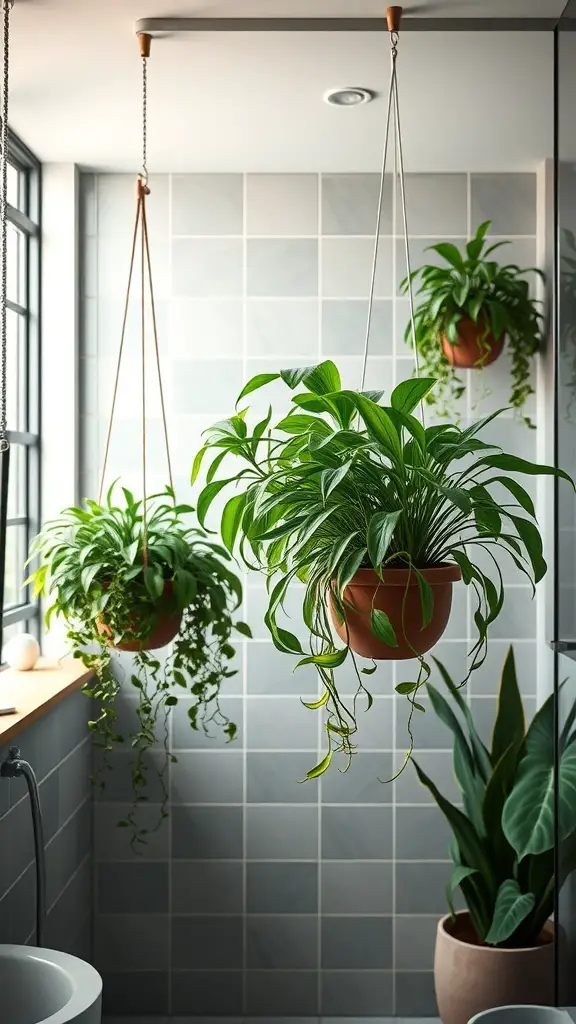 27+ Creative Plant Display Ideas to Transform Your Bathroom 3 Hanging planters with green plants in a modern bathroom setting