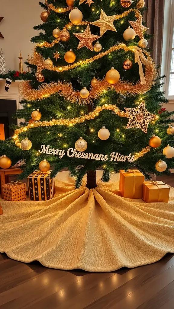 27+ Stunning Champagne Christmas Tree Ideas You Need to Try 4 A beautifully decorated Christmas tree with a golden tree skirt and presents underneath.