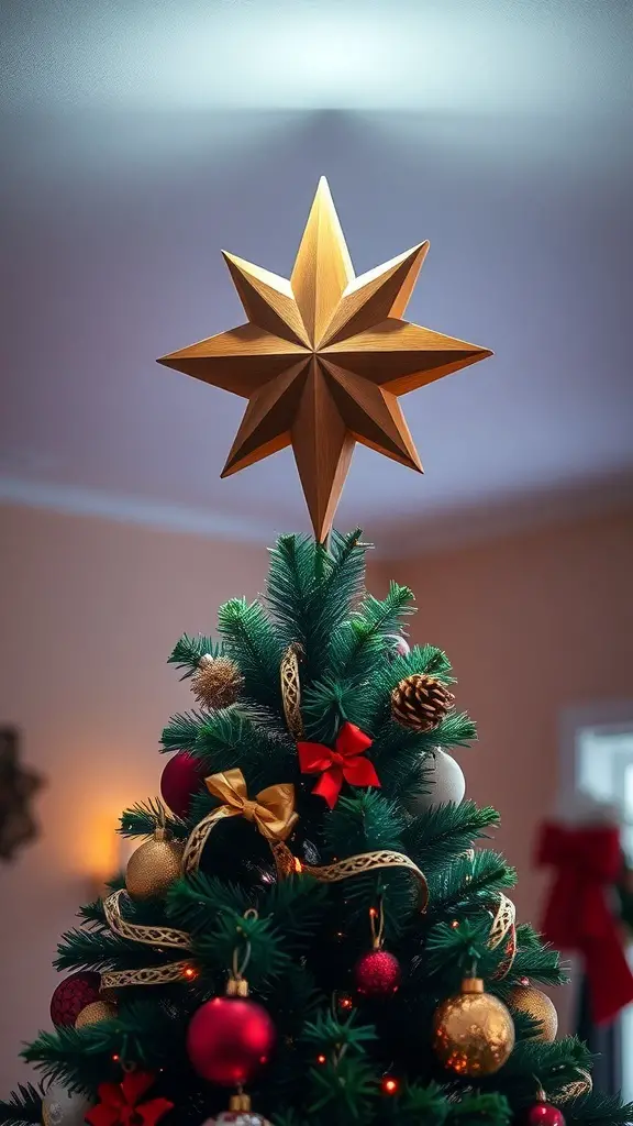 A wooden star tree topper on a Christmas tree, surrounded by ornaments and decorations.