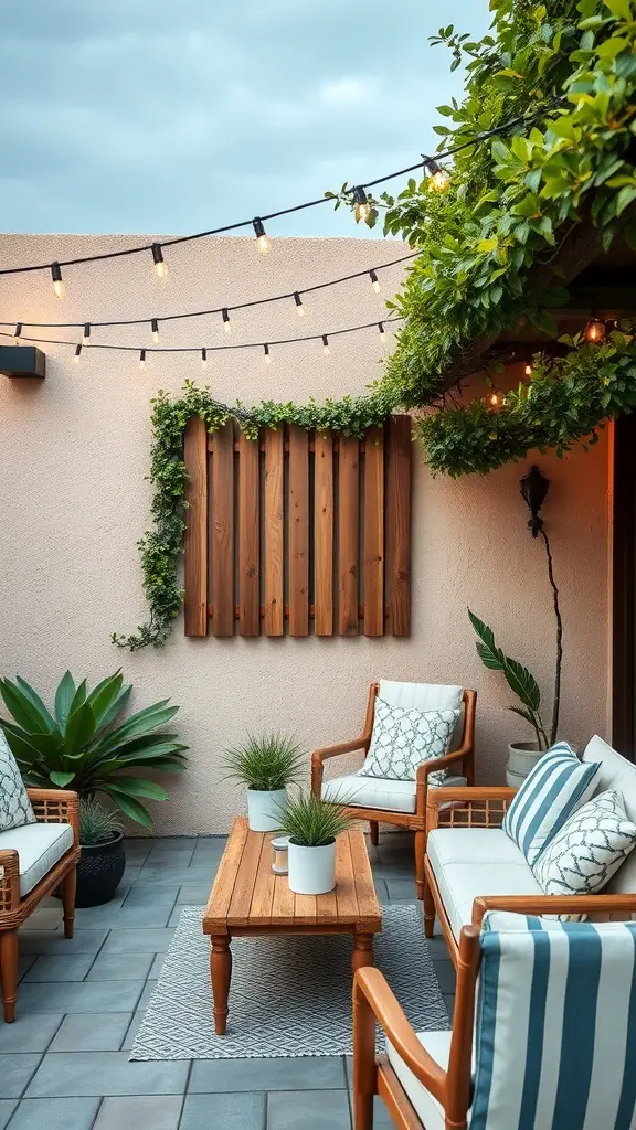 Cozy outdoor patio with wooden furniture, plants, and string lights.