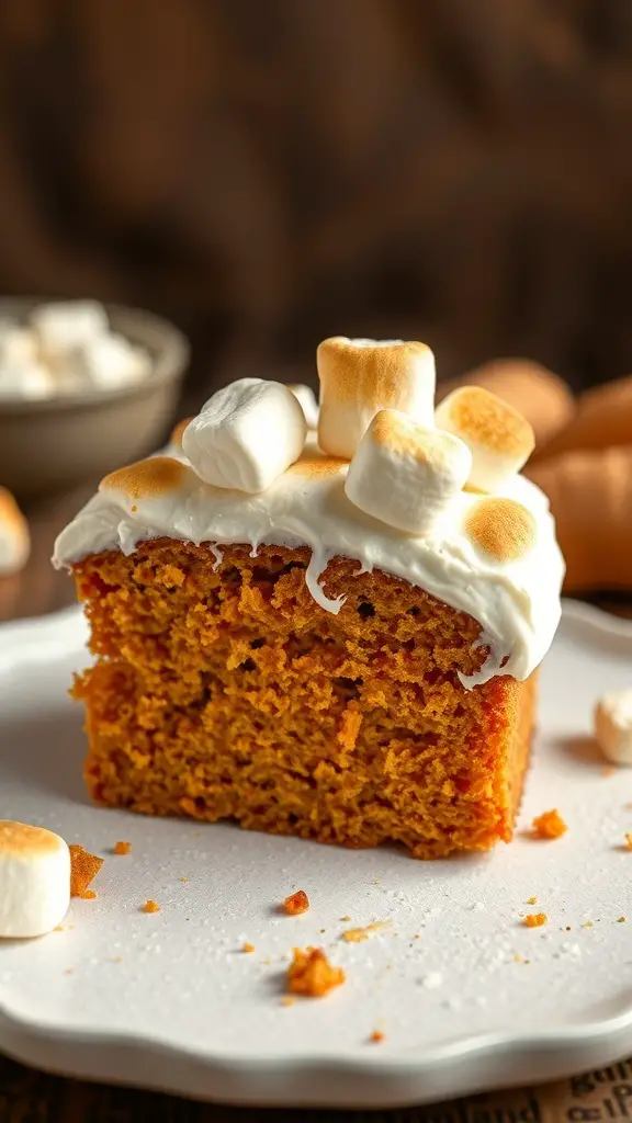 A slice of sweet potato cake topped with marshmallow frosting and mini marshmallows.
