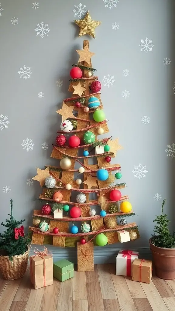 29+ Creative Wall Christmas Tree Ideas for a Festive Holiday Display 16 A sustainable upcycled Christmas tree made from cardboard and colorful ornaments, with small potted trees and wrapped gifts around it.