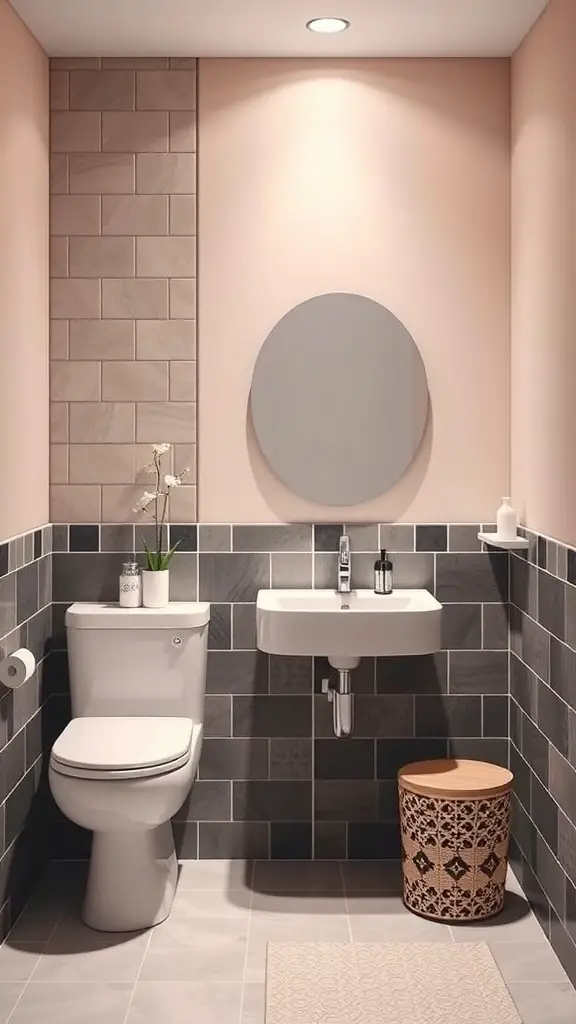 A modern bathroom featuring a mix of pink and gray tiles, a round mirror, and a wooden stool.