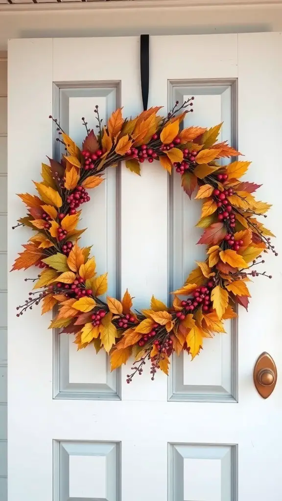 A Thanksgiving-themed wreath made of orange and yellow leaves with red berries, hanging on a door.