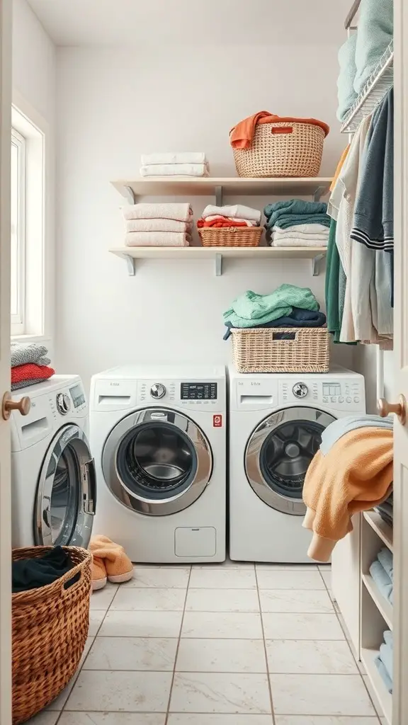 A small laundry room with washing machines, neatly stacked towels, and organized baskets for sorting laundry.