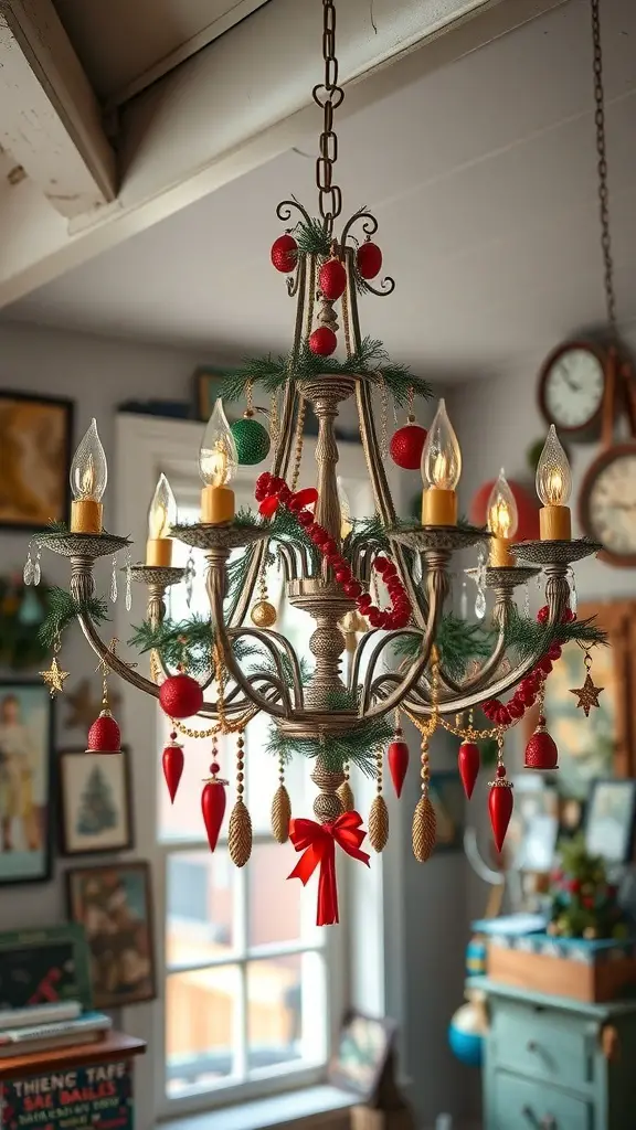 29+ Stunning Christmas Chandelier Ideas to Brighten Your Holidays 10 A beautifully decorated chandelier with red and green ornaments, ribbons, and faux greenery, perfect for the holiday season.