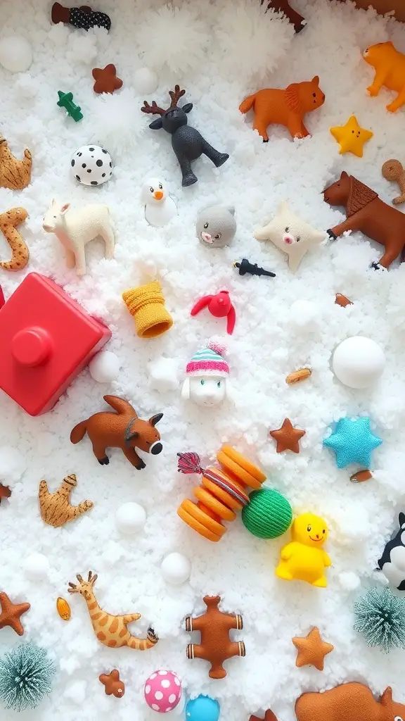 A colorful winter themed sensory bin filled with fluffy white material and various toys.