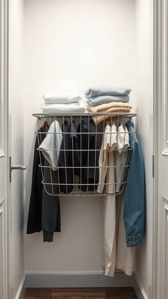 25+ Creative Wall Mounted Laundry Hamper Ideas for Space-Saving Solutions 3 A sleek metal laundry basket mounted on the wall with folded towels and hanging clothes.
