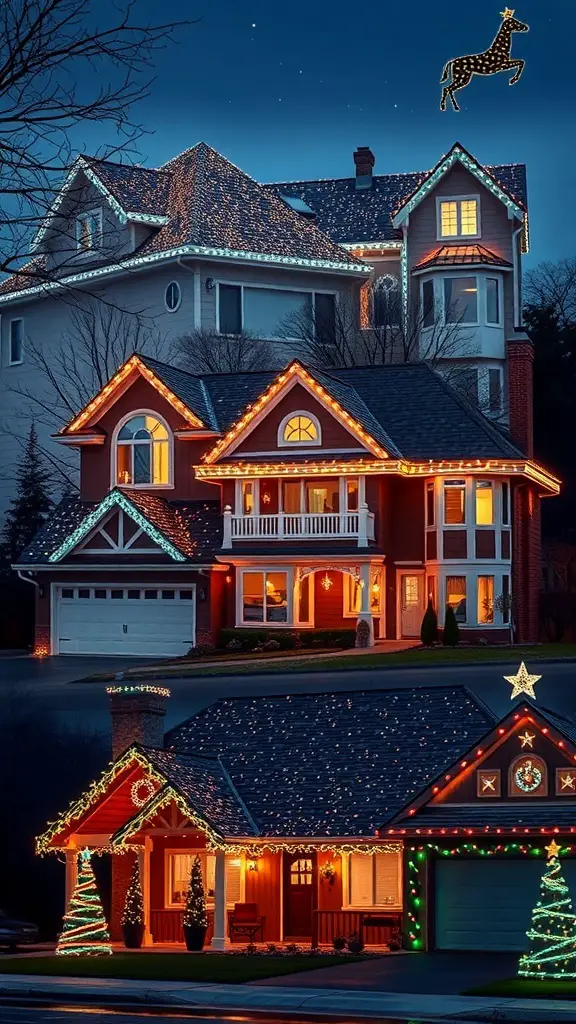 27+ Stunning Roof Christmas Light Ideas to Brighten Your Holidays 12 Two houses decorated with Christmas lights on their roofs, showcasing both white and colorful lights.