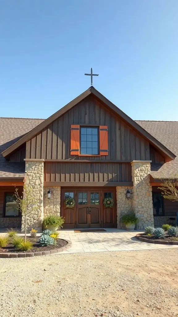 27+ Stunning Barndominium Exterior Ideas to Inspire Your Dream Home 4 A barndominium with charming stone accents and wooden features.