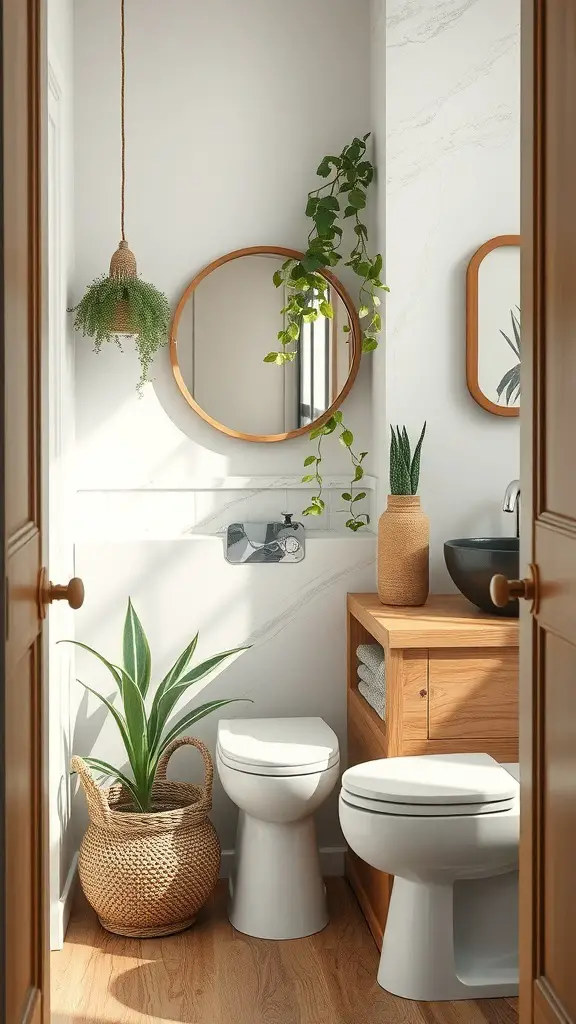 29+ Stunning Powder Room Ideas to Elevate Your Space 15 A stylish powder room featuring natural elements like plants and wooden accents.