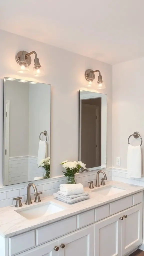 25+ Stunning Double Vanity Lighting Ideas for Your Bathroom 4 A double vanity with brushed nickel fixtures and modern lighting in a stylish bathroom setting.