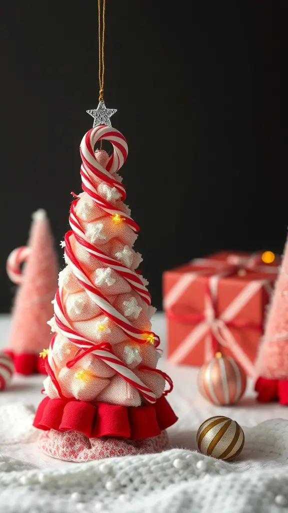 A decorative candy cane Christmas tree made with fabric and foam, adorned with lights and ornaments.