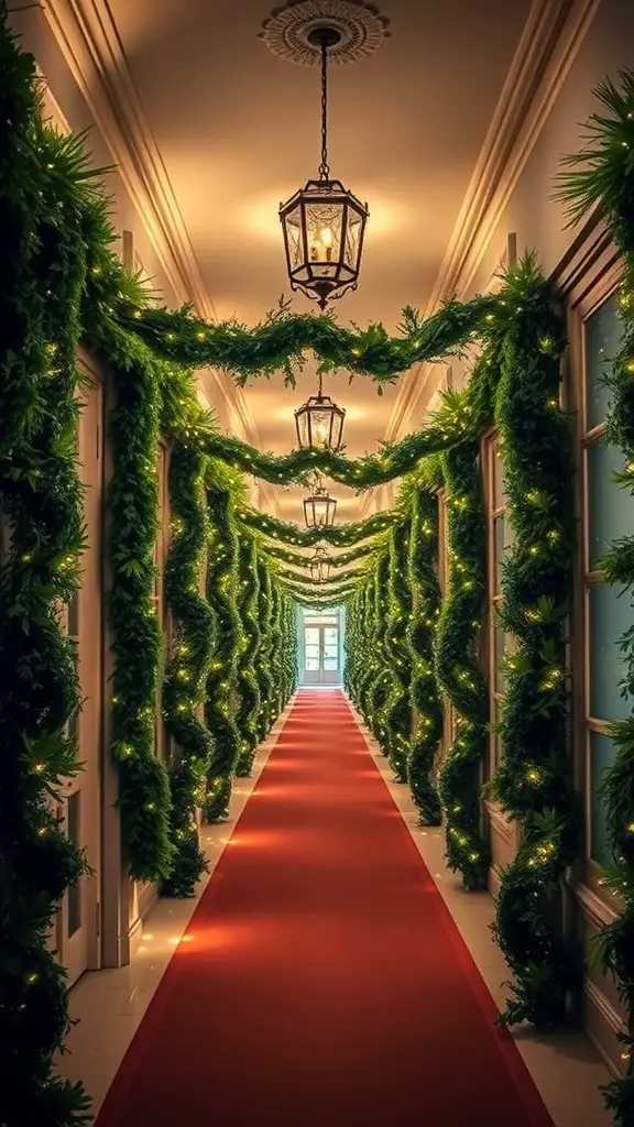 27+ Festive Christmas Hallway Ideas to Transform Your Home 3 A beautifully decorated hallway with garlands and lights for Christmas.