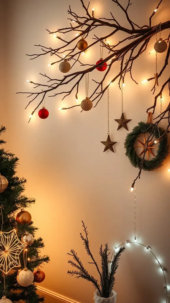 Decorative tree branch wall decor with lights and ornaments
