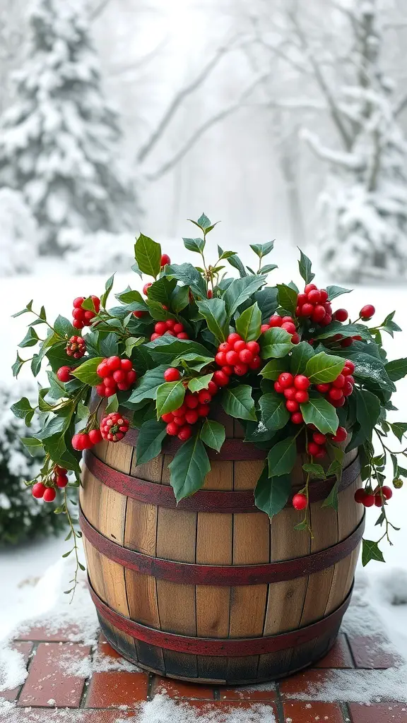 A rustic wood barrel planter filled with red berries and green leaves, set against a snowy background.