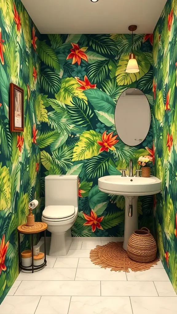 29+ Stunning Half Bath Wallpaper Ideas to Transform Your Space 16 A vibrant half bath with tropical wallpaper featuring green leaves and colorful flowers.