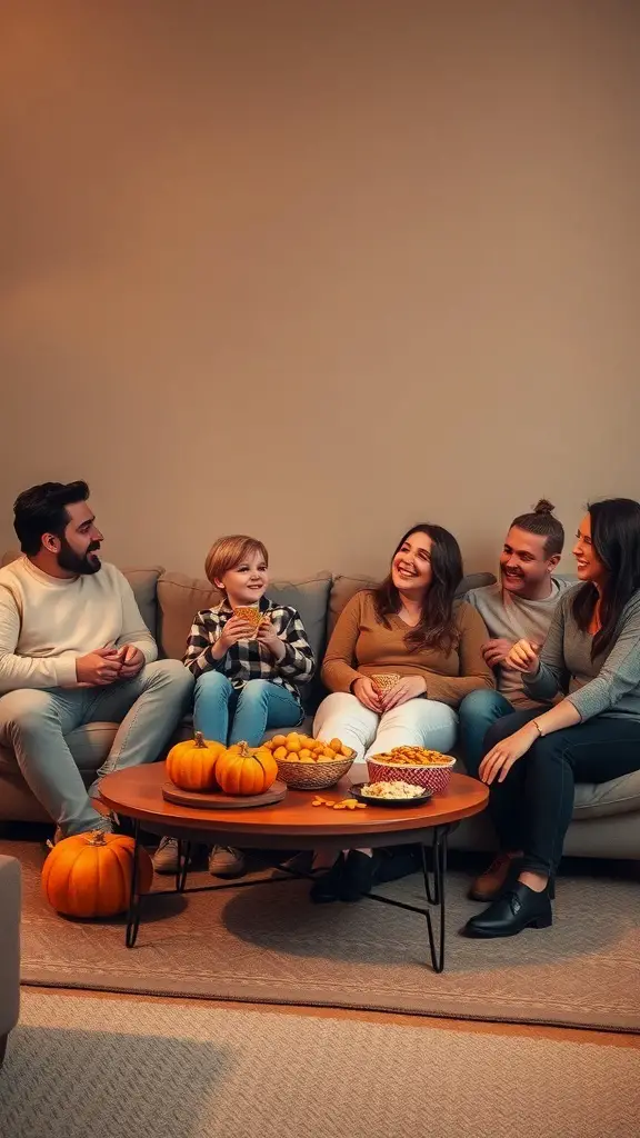 29+ Creative Thanksgiving Party Ideas to Celebrate in Style 4 A cozy gathering of friends and family enjoying snacks while watching movies during Thanksgiving.