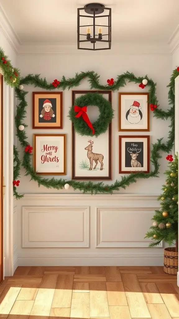 A festive entryway decorated with holiday wall art, a wreath, and garlands.