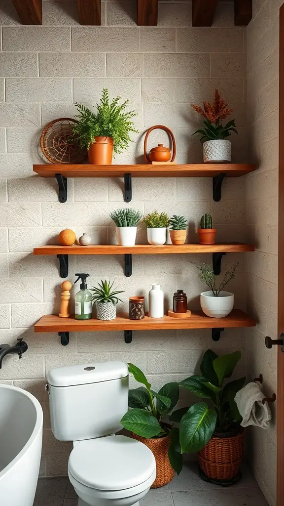 A rustic bathroom featuring wall-mounted wooden shelves with plants and decorative items.