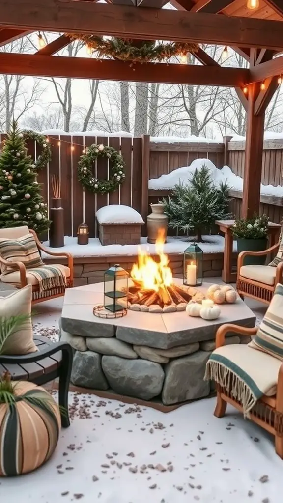 Cozy outdoor fire pit setup with seating, greenery, and winter decorations