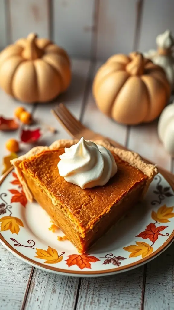 25+ Delicious Thanksgiving Dinner Ideas You Need to Try 9 A slice of pumpkin pie topped with whipped cream on a decorative plate, with pumpkins in the background.