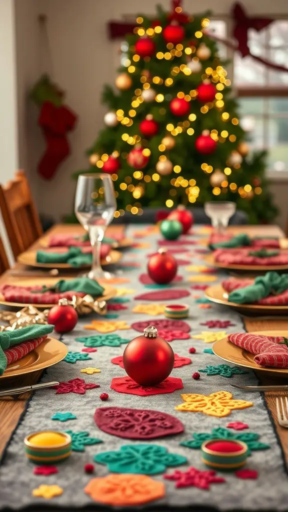 29+ Stunning Christmas Table Runner Ideas for a Festive Holiday Table 10 A Christmas table set with a colorful felt ornaments runner, gold plates, and a decorated tree in the background.