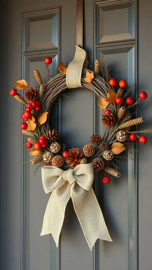 A DIY Thanksgiving wreath made of twigs, red berries, pine cones, and a burlap bow.