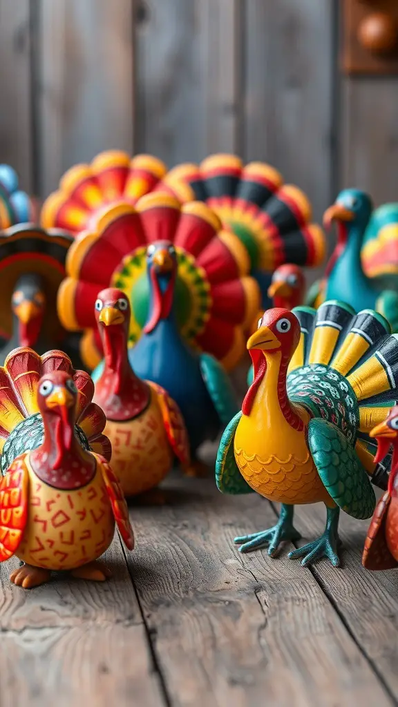 27+ Creative Turkey Crafts for Adults to Celebrate Thanksgiving 4 Colorful hand-painted turkey figurines displayed on a wooden surface.