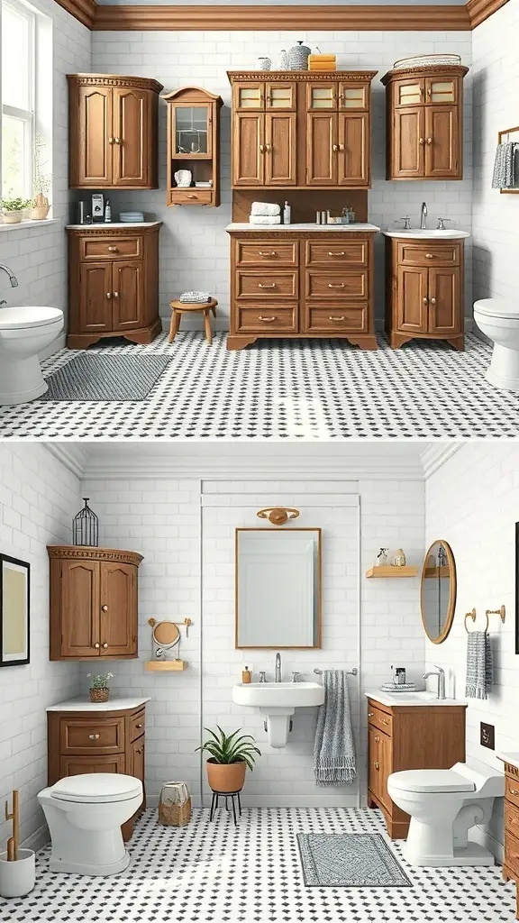 25+ Stylish Bathroom Corner Cabinets for Every Space 12 Two bathroom layouts featuring corner cabinets, showcasing different sizes and styles.