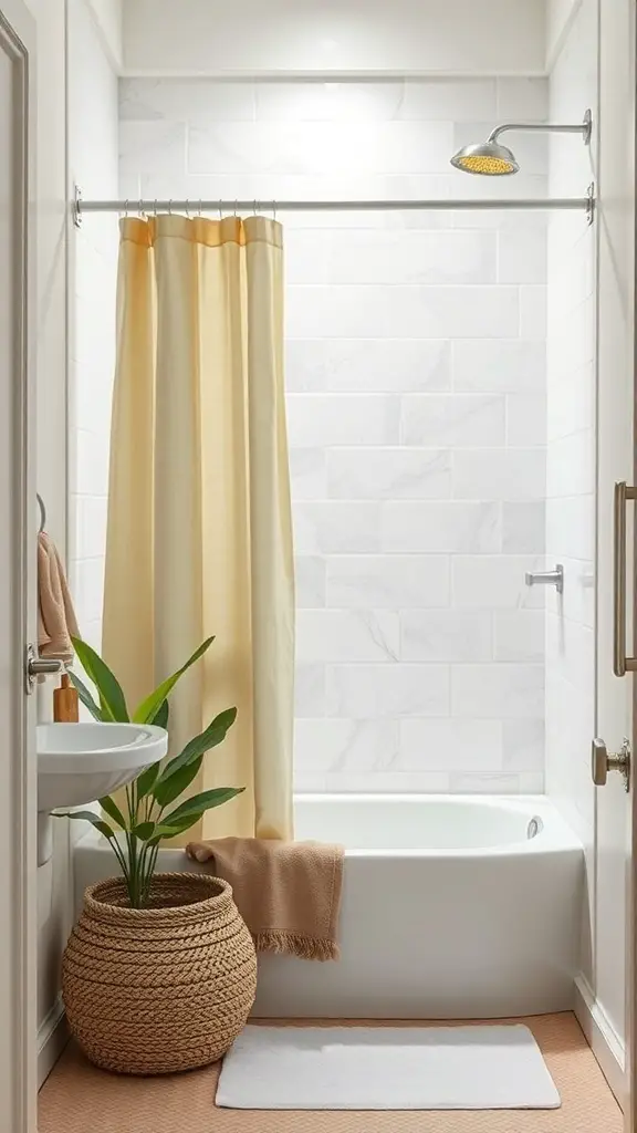A small bathroom featuring a soft yellow shower curtain, a plant, and a clean, modern aesthetic.
