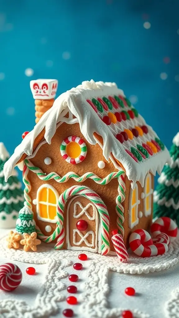 27+ Festive Christmas Cross Stitch Patterns to Brighten Your Holiday Season 12 A decorated gingerbread house with colorful candies and icing on a snowy background.