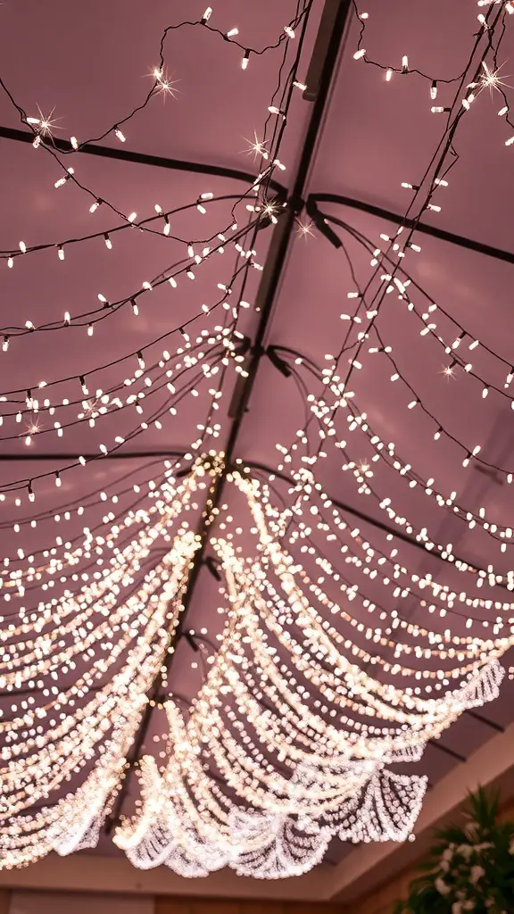 A ceiling decorated with sparkling string lights in a cascading design.