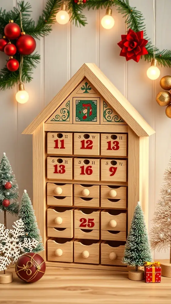 A wooden advent calendar shaped like a house with numbered drawers, decorated with Christmas ornaments and lights.