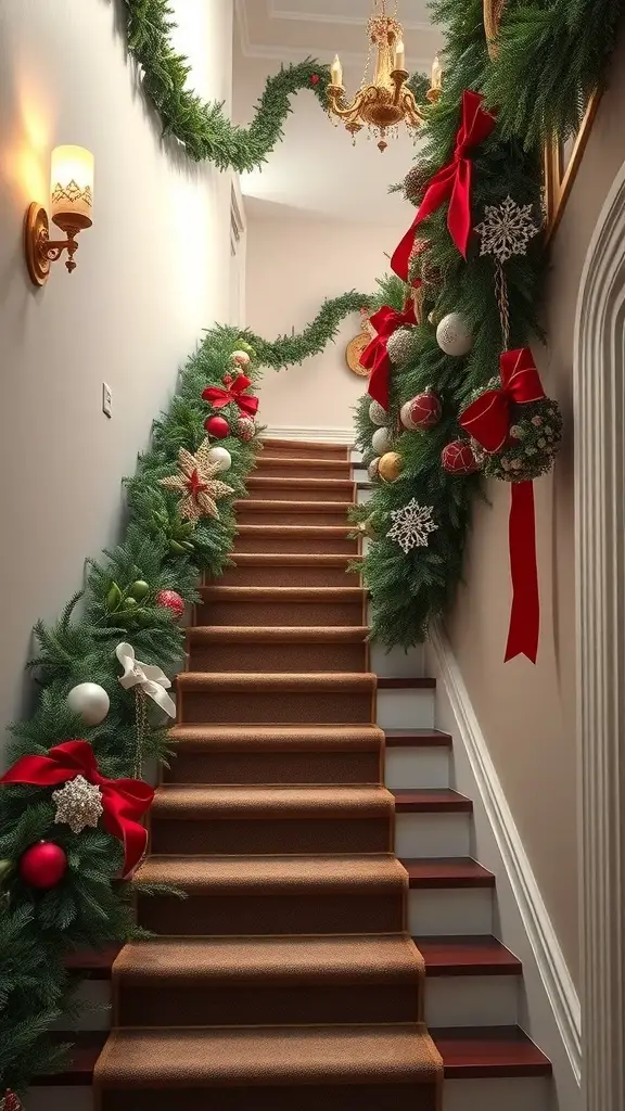 A staircase decorated for Christmas with garlands, ornaments, and ribbons