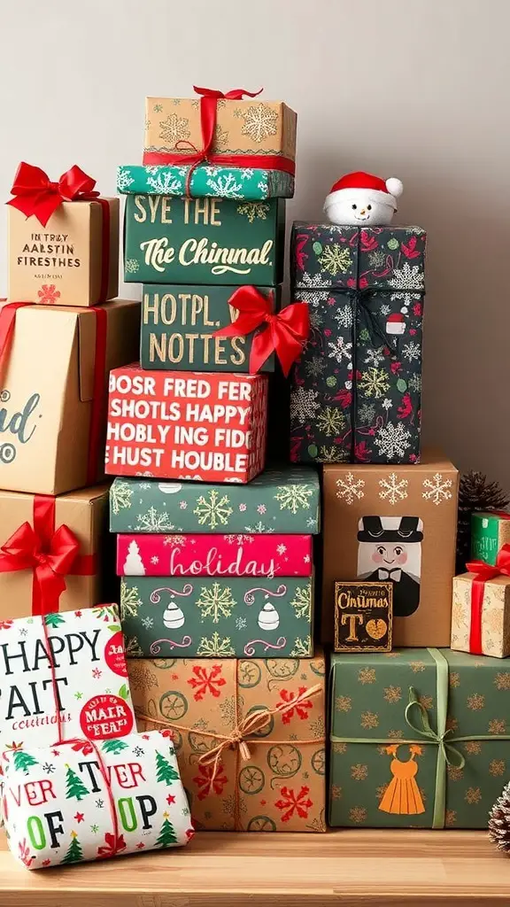 29+ Must-Have Christmas Wishlist Ideas for Everyone 4 A colorful stack of Christmas gift boxes with festive designs and ribbons.
