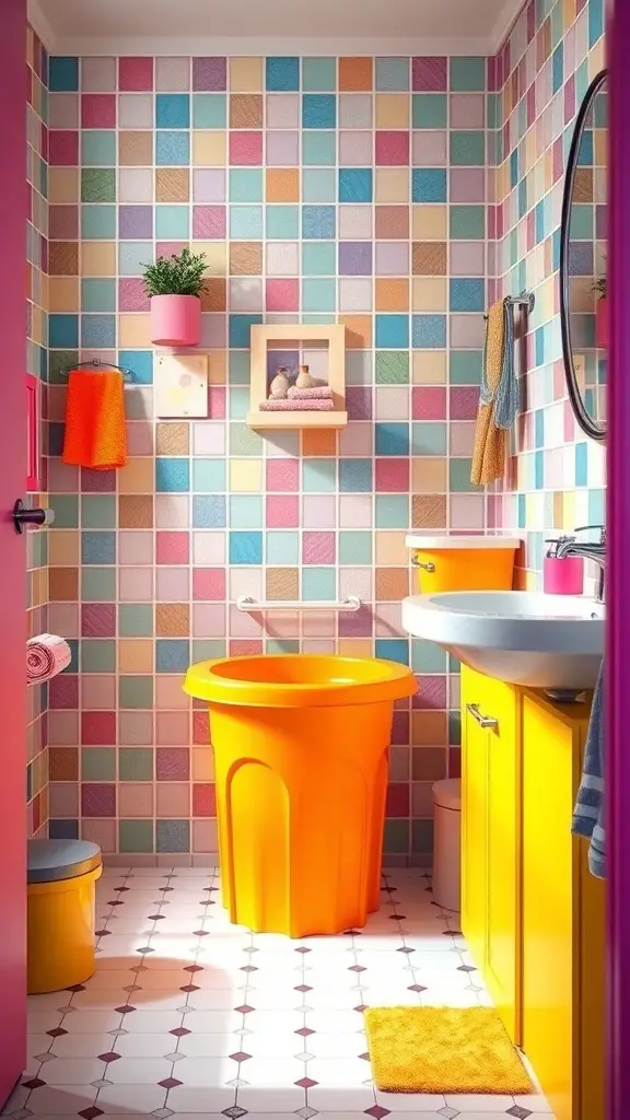 A colorful bathroom featuring a bright yellow trash can and a playful tiled wall.