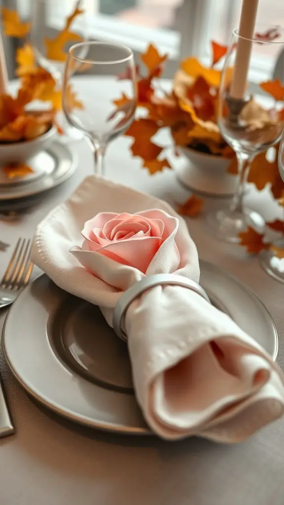 A beautifully folded napkin shaped like a rosebud, placed on a dinner plate with autumn decorations.
