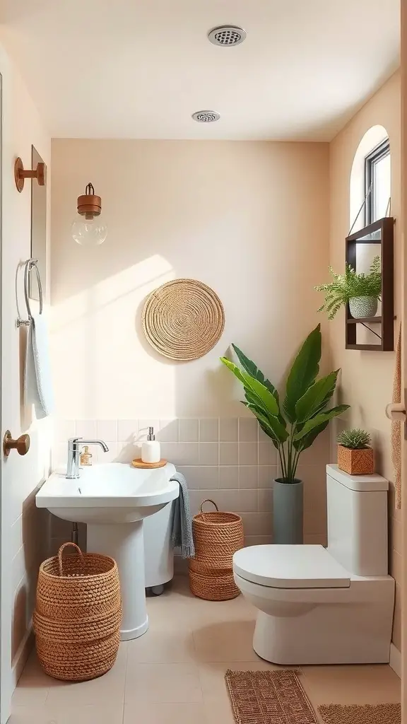 27+ Stunning Bathroom Paint Colors to Transform Your Space 16 A bathroom with neutral beige walls, natural light, and decorative plants.