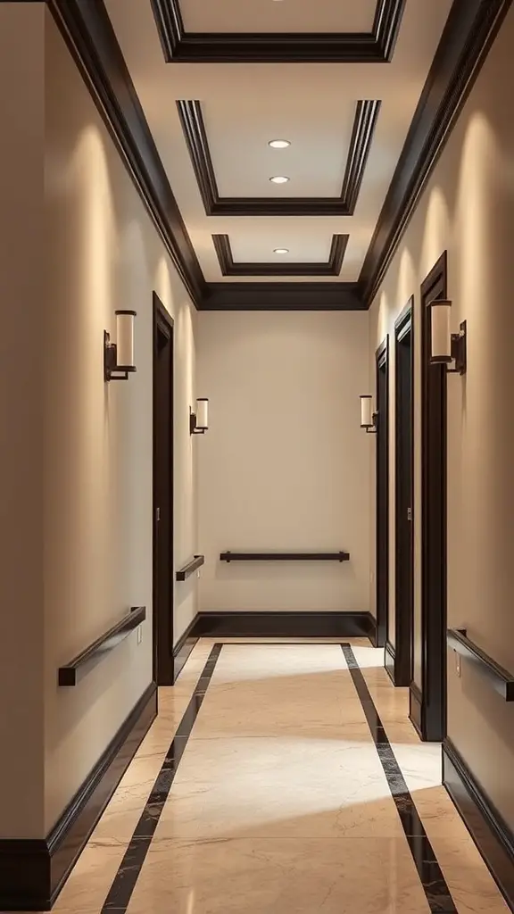 A well-lit hallway with light walls and dark trim, featuring recessed lighting and wall sconces.