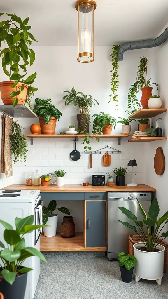 27+ Inspiring Small Garage Apartment Ideas for Cozy Living 13 Cozy kitchen in a small garage apartment filled with plants and natural materials.