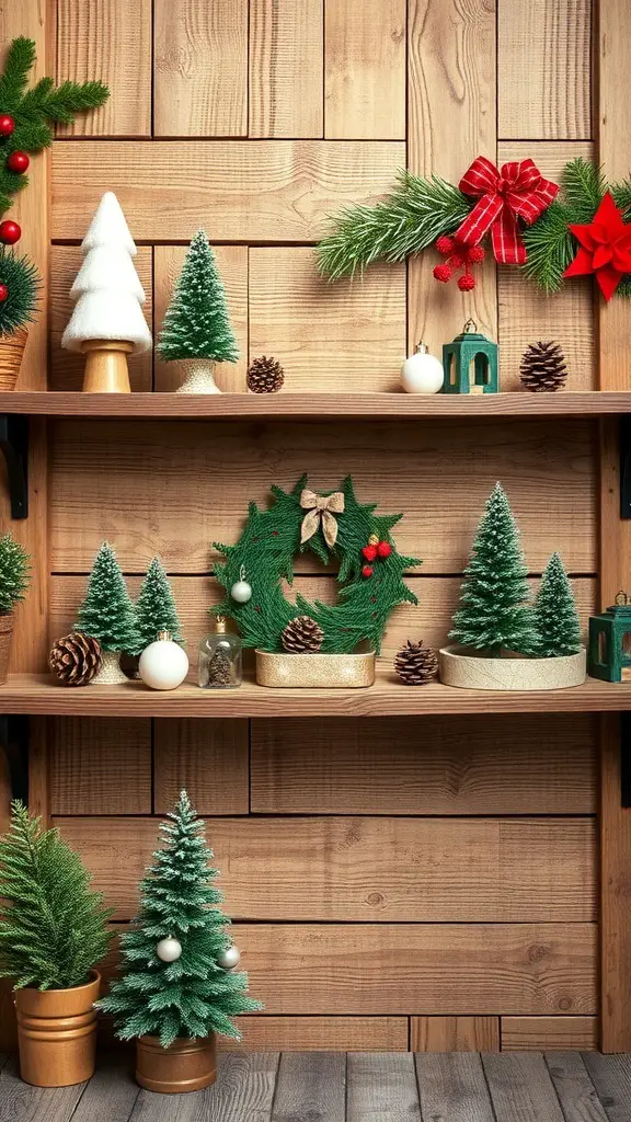 Decorated reclaimed wood shelves with Christmas items like trees, wreaths, and pinecones.