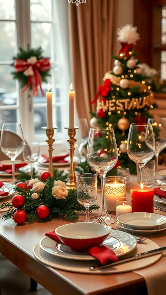 A cozy Christmas table setting with elegant dinnerware, candles, and a festive centerpiece.