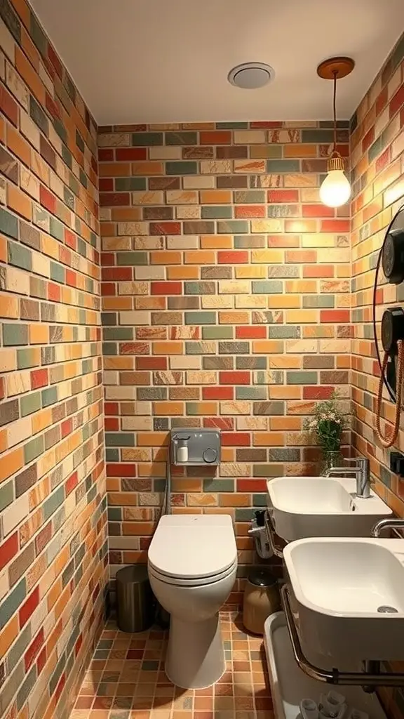 23+ Stunning Bathroom Brick Wall Accent Ideas You Need to Try 16 A bathroom with a colorful brick wall and modern fixtures.